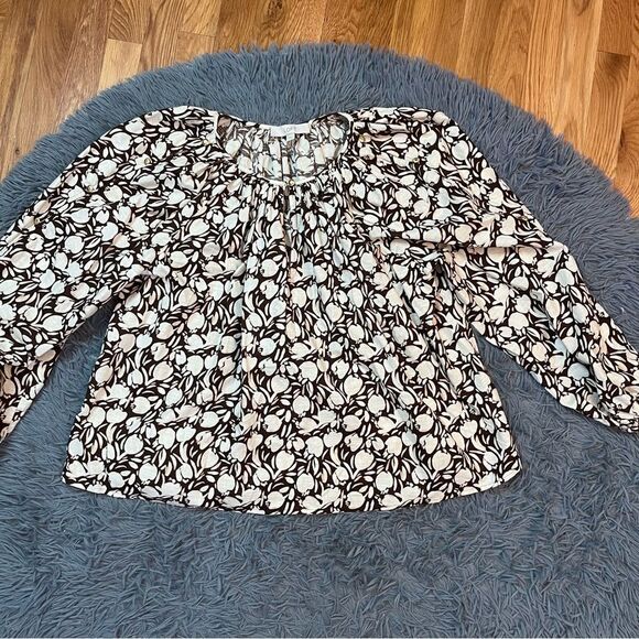 Ann Taylor Loft Brown White Floral Cotton Peasant Style Blouse Size L - Picture 2 of 8